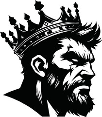 angry King with crown and beard. King head graphic sign isolated on white background. Vector illustration