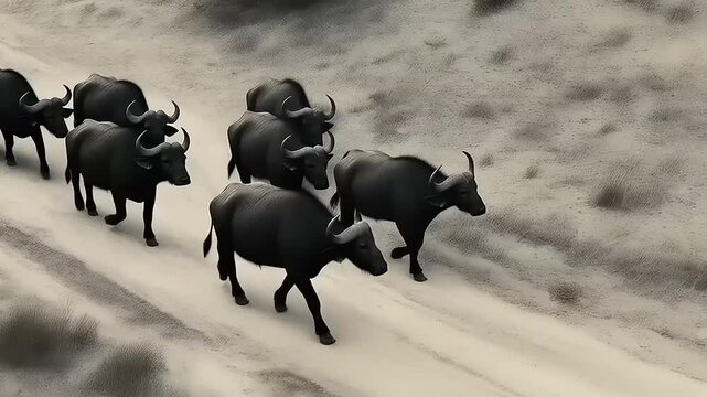 A herd of buffaloes walking along a dusty trail in a serene landscape with sparse vegetation