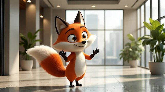 Cheerful cartoon fox standing in modern office space with bright sunlight and green plants in the background