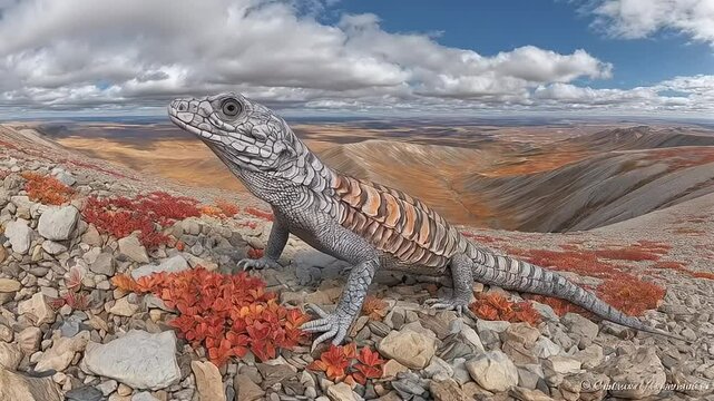 A large lizard-like creature resting on vibrant red foliage in a mountainous landscape under cloudy skies