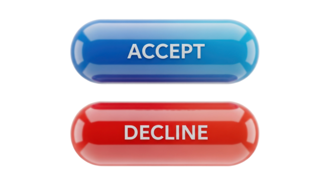 Two Pill-Shaped Buttons Blue And Red Displaying Accept And Decline Text Isolated Transparent Background