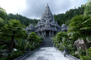 Majestic temple surrounded by lush greenery and palm trees on a cloudy day