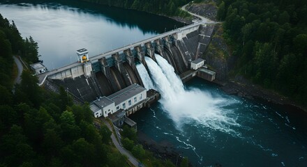 Aerial view of a massive concrete hydroelectric dam releasing white water through open gates into a turbulent river, surrounded by forested hills and winding roads under an overcast sky.