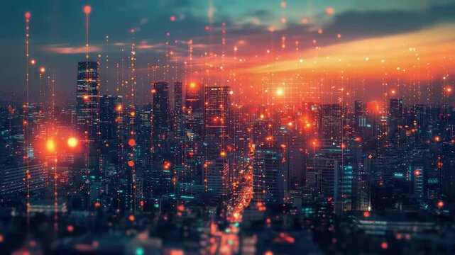 A futuristic city skyline at night, with glowing lines connecting buildings, representing digital networks and technological innovation