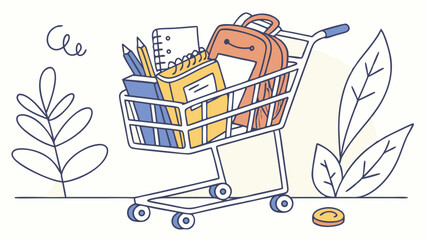 Illustration of a shopping cart filled with school supplies including books notebooks and a backpack itemized