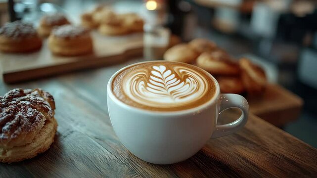 A perfect latte with latte art in a white cup on a wooden table with pastries