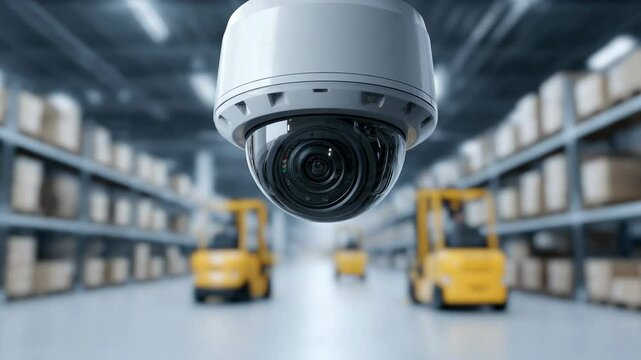 Security camera surveillance monitoring warehouse with yellow forklift trucks moving boxes industrial storage facility