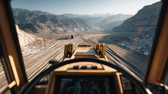 Heavy machinery dashboard view driving truck dusty mountain road with rocky landscape and open pit mining vehicle rugged terrain