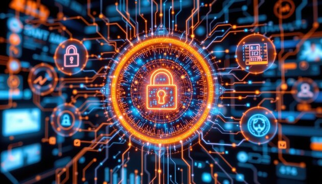 cybersecurity system monitoring insider threats in real time with ai analytics, biometric access control, and encrypted data vaults glowing.