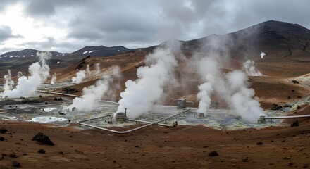 Panoramic view of a barren geothermal field with reddish earth, rising steam plumes, and a network of pipes under an overcast sky, set against dark, snow-patched mountains in the distance.