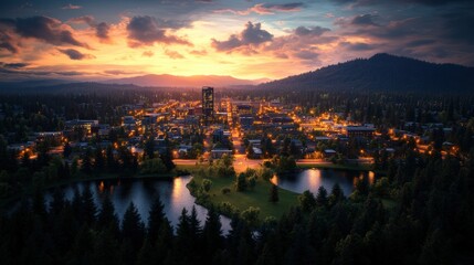 Fototapeta premium Dramatic cityscape at sunset with illuminated streets, surrounding forests, and distant mountains in the background