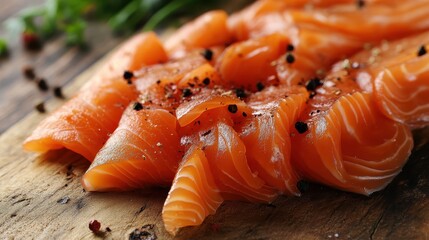 Fresh salmon slices seasoned with black pepper on a rustic wooden board. Ideal for showcasing healthy eating or seafood-related content.