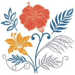 highly detailed floral artwork with botanical garden leaves and single line blossoms for contemporary fabric design

