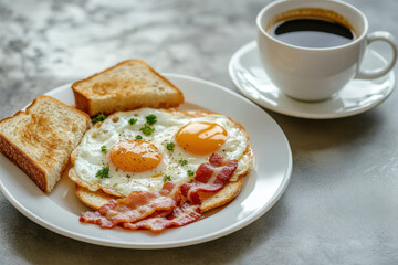 Homemade American breakfast. Fried eggs with bacon and toast, a cup of coffee on a grey table. Healthy breakfast. The concept of healthy eating. Morning Sunlight