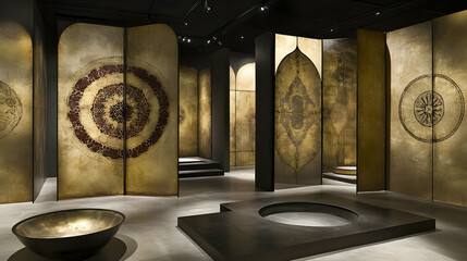 Intricate Golden Panels and Architectural Design in a Modern Art