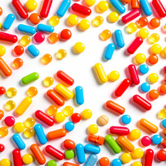 White pills in orange bottle on blue background close up with copy space White pills in orange bottle on blue background close up with copy space