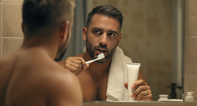 Handsome man in bathroom mirror holding toothbrush and a blank toothpaste tube for a branding mockup.