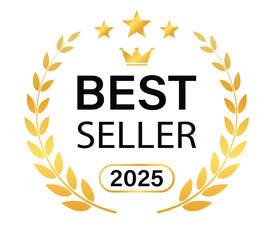 Best seller icon. Golden badge for best selling award 2025 with laurel wreath, crown and stars. Transparent PNG and vector illustration.