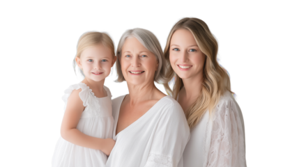 Multigenerational family: grandmother, mother, and daughter standing together on a transparent background, symbolizing family unity and intergenerational connections.