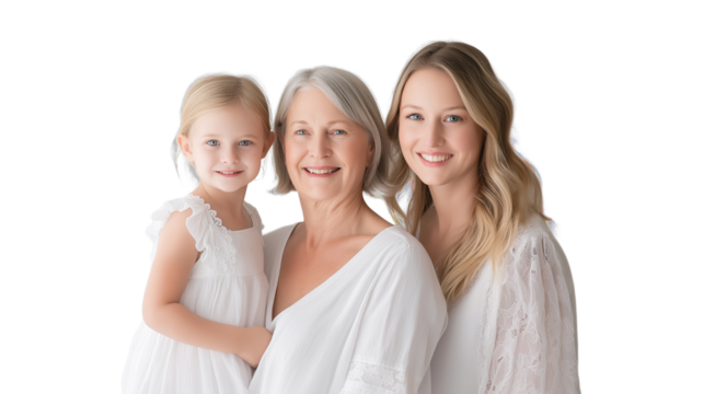 Multigenerational family: grandmother, mother, and daughter standing together on a transparent background, symbolizing family unity and intergenerational connections.