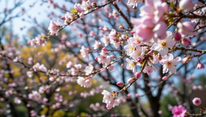 sudden flurry of flower petals dancing in the spring wind, trees now fully in bloom, nature fully awakened.