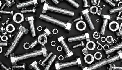 Arrangement of Shiny Silver Bolts and Nuts on a Dark Surface with Textured Appearance