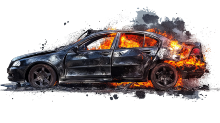 Severely burned luxury sedan engulfed in intense flames with shattered body panels and billowing smoke — ultra-high-resolution transparent PNG cut-out ideal for dramatic automotive accident