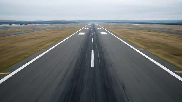 stunning aerial perspective of an airport runway.  The camera moves swiftly down the center of the runway, offering a dynamic and immersive experience. 