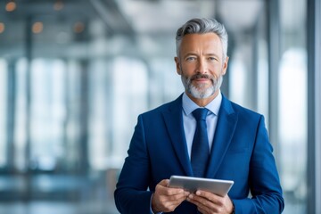 Fototapeta premium A confident mature businessman in a blue suit holding a tablet in a modern office environment, looking directly at the camera.