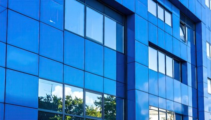 Blue Facade Building with Reflective Windows Capturing Sunlight And Trees During Daytime