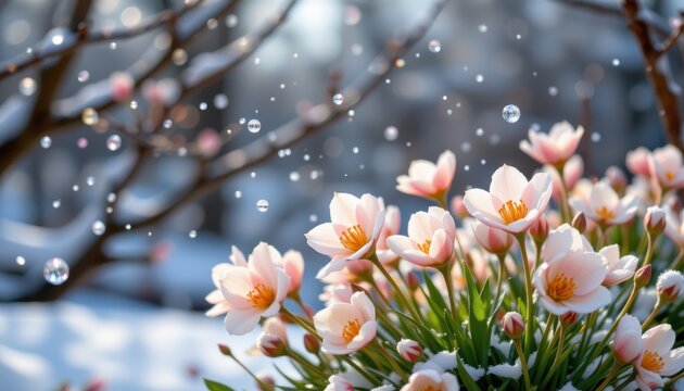 snowflakes falling gently on early blooming flowers, spring interrupted by winter's lingering breath.