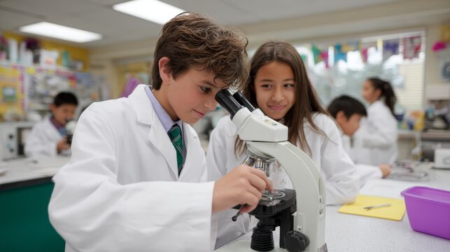 Young students exploring science in classroom laboratory with microscope - Powered by Adobe