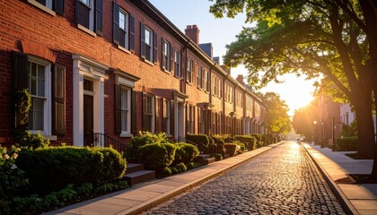 Brick Row Houses Along Cobblestone Street Bathed in Warm Sunlight with Lush Greenery in Urban Setting