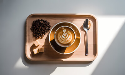 Overhead shot of a cappuccino with latte art, coffee beans, sugar cubes, and a spoon on a wooden tray.