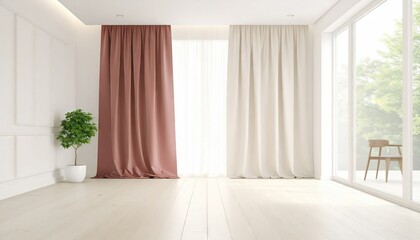 Bright Minimalist Interior Room with Red and White Curtains a Small Plant and Large Windows with Wooden Flooring