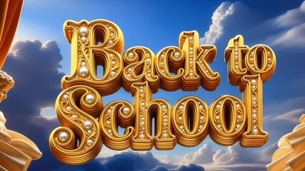 Back to school text with golden decorative letters, clouds background and marble statues. Ideal for education, school promotional materials,  announcements, and educational resources. - Powered by Adobe