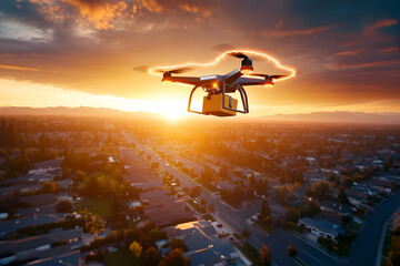 drone delivering a package flying over a suburban neighborhood at sunset