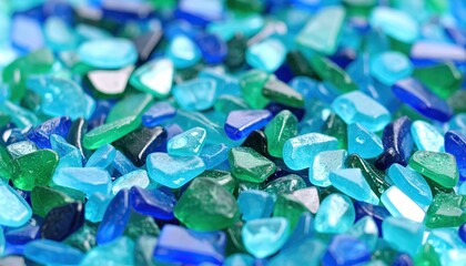 Close Up Macro Shot Of Various Shades Of Colored Glass Fragments Displaying Texture And Light Reflection