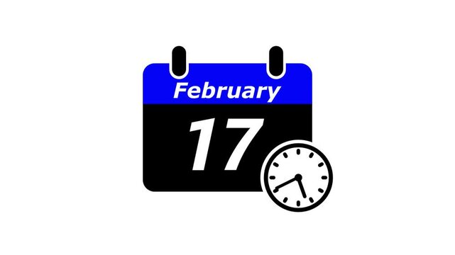 17 february month calendar with time symbol. Simple calendar icon animation and date change of time month.