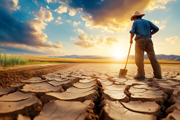 a lone farmer looking over a barren field with a cracked riverbed under a hot sun