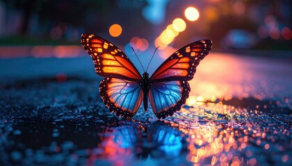 Close Up of Butterfly with Orange and Blue Wings on a Wet Street at Sunset