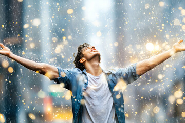 a happy young man with arms outstretched, enjoying the rain and golden light