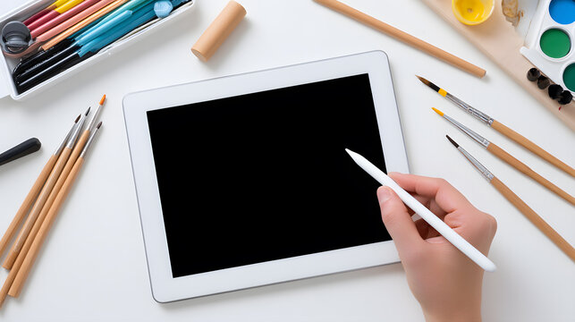 A blank tablet screen lies on a desk surrounded by pencils and stationery, while a stylus touches the display. Clean and modern design ideal for app mockups, design interfaces, and digital creativity.