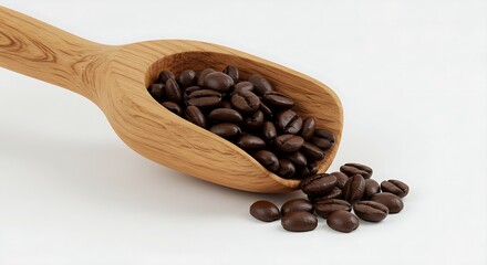 Obraz premium Dark roasted coffee beans spill from a rustic wooden scoop, embodying the authentic lifestyle of coffee connoisseurs and the rich, sustainable journey from bean to brew.