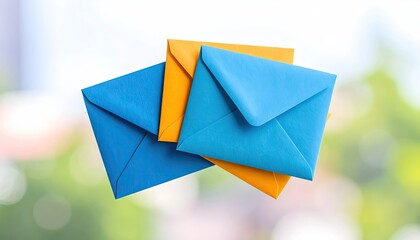 Close-up View of Colorful Paper Envelopes Against Blurry Green and White Bokeh Background