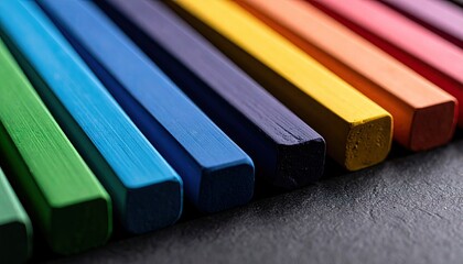 Close Up View Of Colorful Pastels Arranged In A Diagonal Line On A Dark Gray Surface