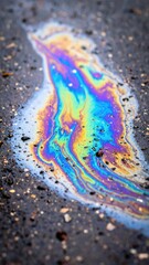 Close Up View Of Oil Spill On Dark Asphalt With Colorful Rainbow Reflective Surface