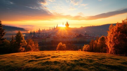 Fototapeta premium Breathtaking sunset over historic cityscape with ancient architecture and lush autumn foliage