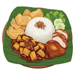 vector of gudeg Jogja served on banana leaf with rice, krecek, and chicken