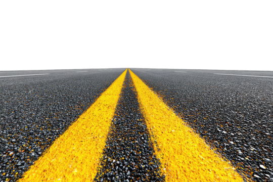 A perspective view of a dark asphalt road with two bright yellow lines extending towards a black background